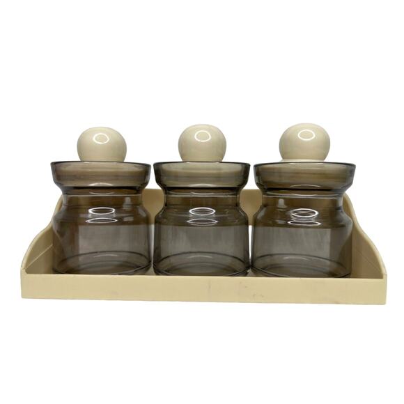 Vintage 80s Emsa Set of 3 Smoke Gray Acrylic Spice Jar Beige Shelf MCM Mod - Picture 1 of 9